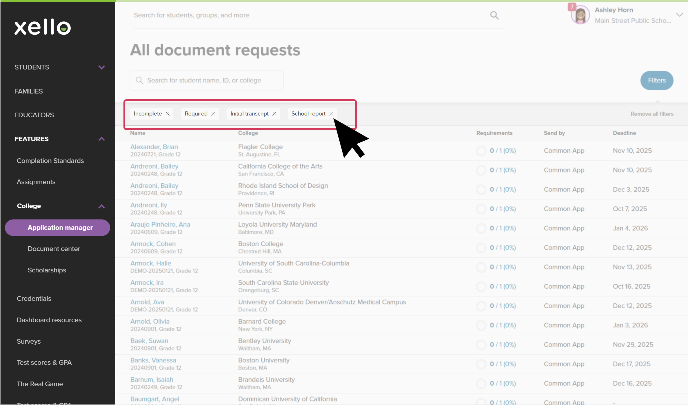 Document requests page in Xello. There are four filters applied and highlighted: "Incomplete", "Required", "Initial transcript", and "School report". The cursor is clicking the X next to "School report" to remove it.